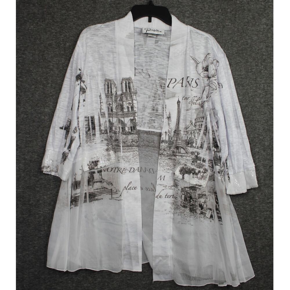 Parisline Cardigan  Large White Eiffel City Paris Print Lightweight Sequin Artsy